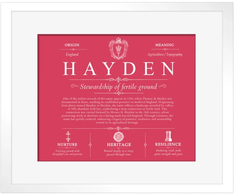Hayden last name origin and heritage in Red with White Matte Frame