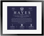 Hayes family name meaning and history in Navy Blue with Black Matte Frame