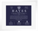 Hayes family name meaning and history in Navy Blue with White Matte Frame