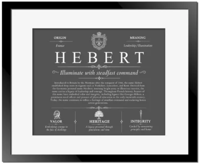 Hebert surname meaning and origin in Gray with Black Matte Frame