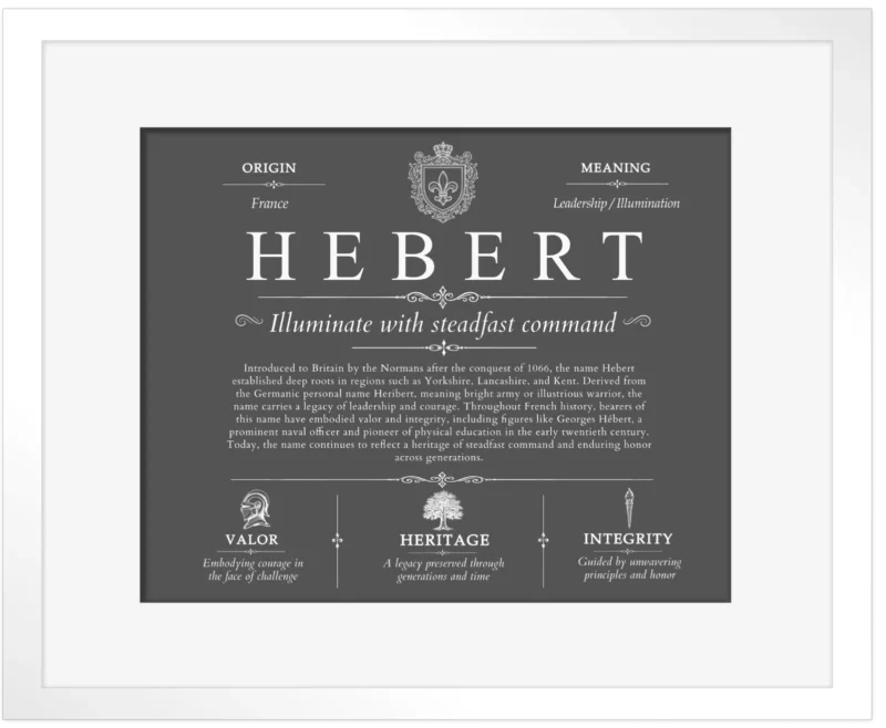Hebert surname meaning and origin in Gray with White Matte Frame