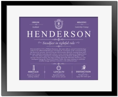 Henderson surname history and heritage in Purple with Black Matte Frame