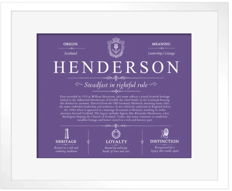 Henderson surname history and heritage in Purple with White Matte Frame