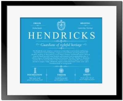 Hendricks surname meaning history and origin in Blue with Black Matte Frame