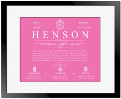 Henson last name meaning and origin in Pink with Black Matte Frame