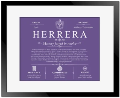 Herrera surname history and heritage in Purple with Black Matte Frame