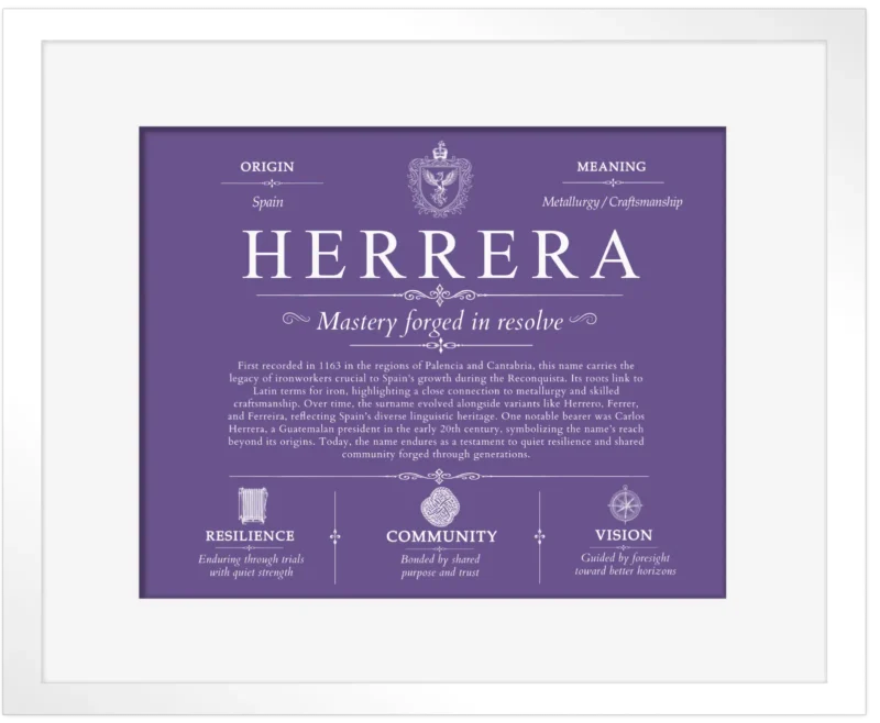 Herrera surname history and heritage in Purple with White Matte Frame