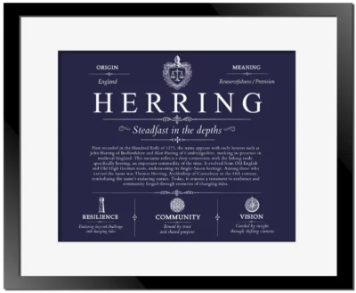 Herring surname meaning history and origin in Navy Blue with Black Matte Frame