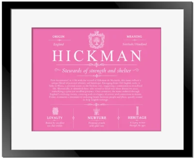 Hickman last name origin and heritage in Pink with Black Matte Frame