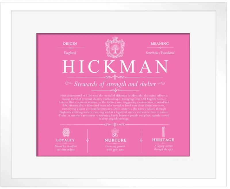 Hickman last name origin and heritage in Pink with White Matte Frame