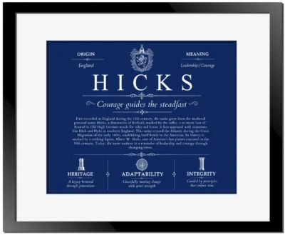 Hicks surname origin and history in Deep Blue with Black Matte Frame