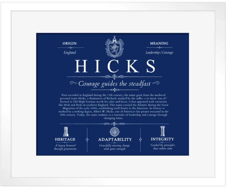 Hicks surname origin and history in Deep Blue with White Matte Frame