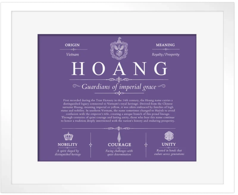 Hoang last name meaning and origin in Purple with White Matte Frame