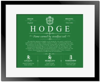 Hodge surname meaning and heritage in Dark Green with Black Matte Frame