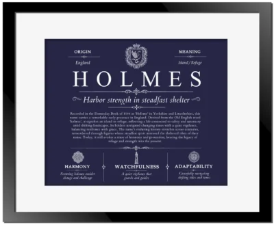 Holmes personalized surname meaning in Navy Blue with Black Matte Frame