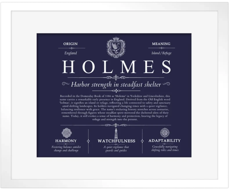 Holmes personalized surname meaning in Navy Blue with White Matte Frame