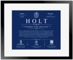 Holt surname history and heritage in Deep Blue with Black Matte Frame