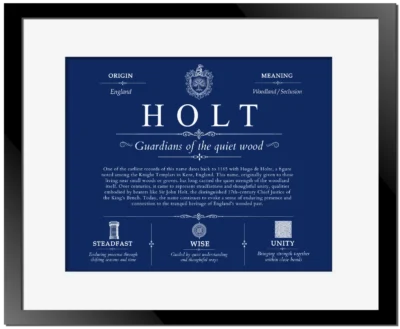 Holt surname history and heritage in Deep Blue with Black Matte Frame