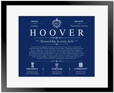 Hoover surname history and heritage in Deep Blue with Black Matte Frame