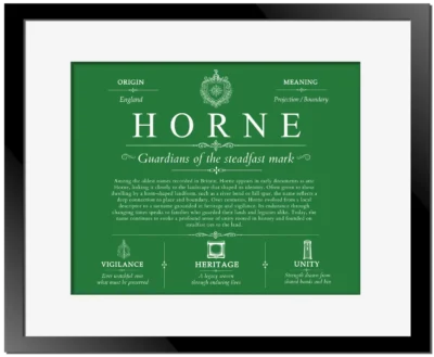 Horne family name heritage in Dark Green with Black Matte Frame