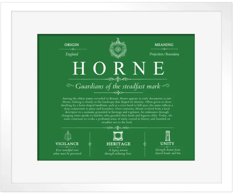 Horne family name heritage in Dark Green with White Matte Frame