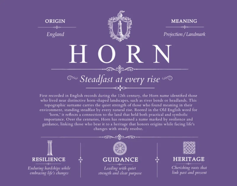 Horn surname meaning origin and heritage in Purple