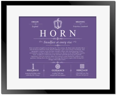 Horn surname meaning origin and heritage in Purple with Black Matte Frame
