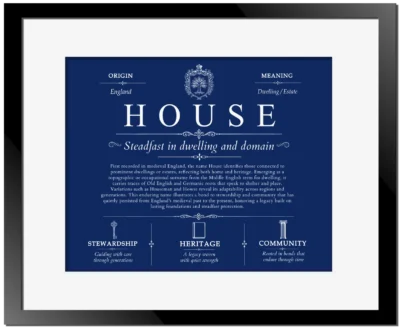 House surname heritage and history in Deep Blue with Black Matte Frame