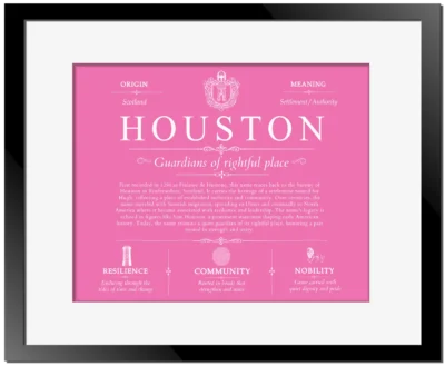 Houston family name history in Pink with Black Matte Frame