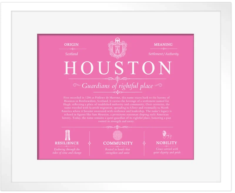 Houston family name history in Pink with White Matte Frame