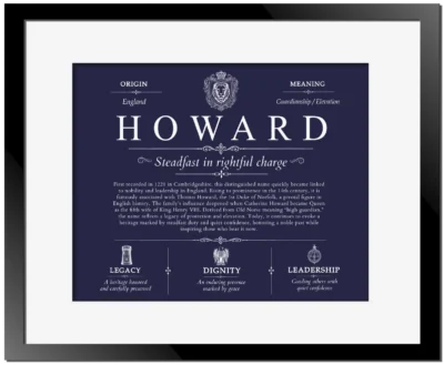Howard family name history in Navy Blue with Black Matte Frame