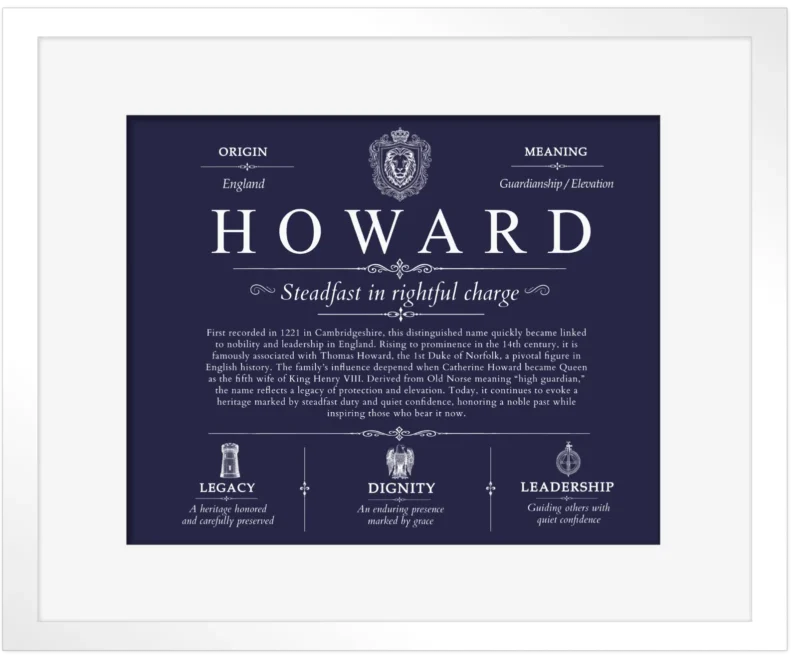 Howard family name history in Navy Blue with White Matte Frame