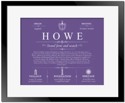 Howe surname meaning and heritage in Purple with Black Matte Frame