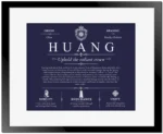 Huang family name history in Navy Blue with Black Matte Frame