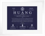 Huang family name history in Navy Blue with White Matte Frame