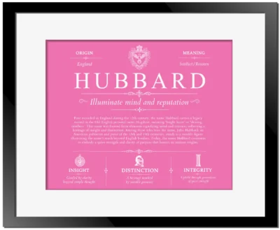 Hubbard last name meaning and origin in Pink with Black Matte Frame