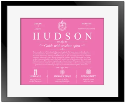 Hudson surname history and heritage in Pink with Black Matte Frame