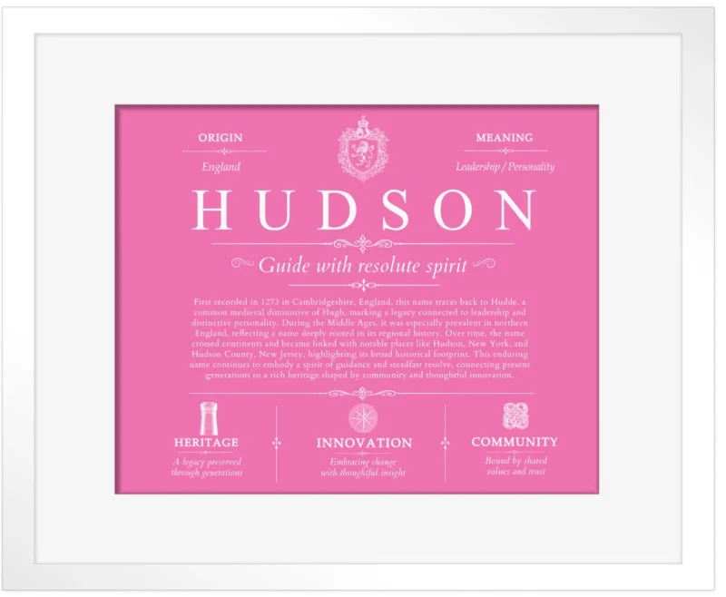 Hudson surname history and heritage in Pink with White Matte Frame