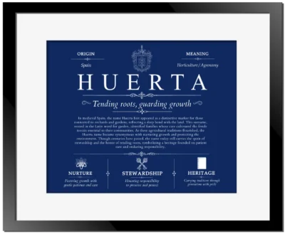Huerta personalized surname meaning in Deep Blue with Black Matte Frame