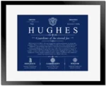 Hughes surname meaning history and origin in Deep Blue with Black Matte Frame