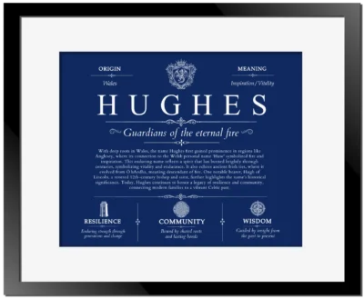 Hughes surname meaning history and origin in Deep Blue with Black Matte Frame