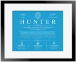 Hunter personalized family surname in Blue with Black Matte Frame