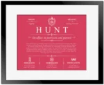 Hunt family name meaning and history in Red with Black Matte Frame