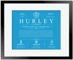 Hurley surname history and heritage in Blue with Black Matte Frame