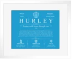 Hurley surname history and heritage in Blue with White Matte Frame
