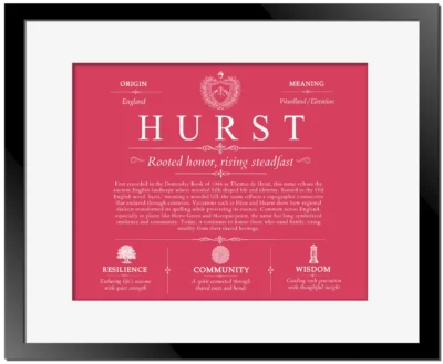 Hurst personalized surname meaning in Red with Black Matte Frame