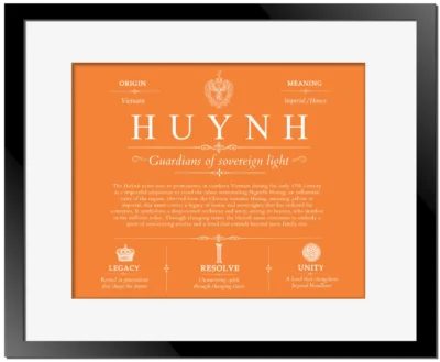 Huynh surname origin and history in Orange with Black Matte Frame