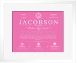 Jacobson last name history and origin in Pink with White Matte Frame Jacobson last name history and origin in Pink with White Matte Frame