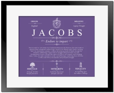 Jacobs family name origin and history in Purple with Black Matte Frame