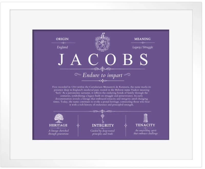 Jacobs family name origin and history in Purple with White Matte Frame